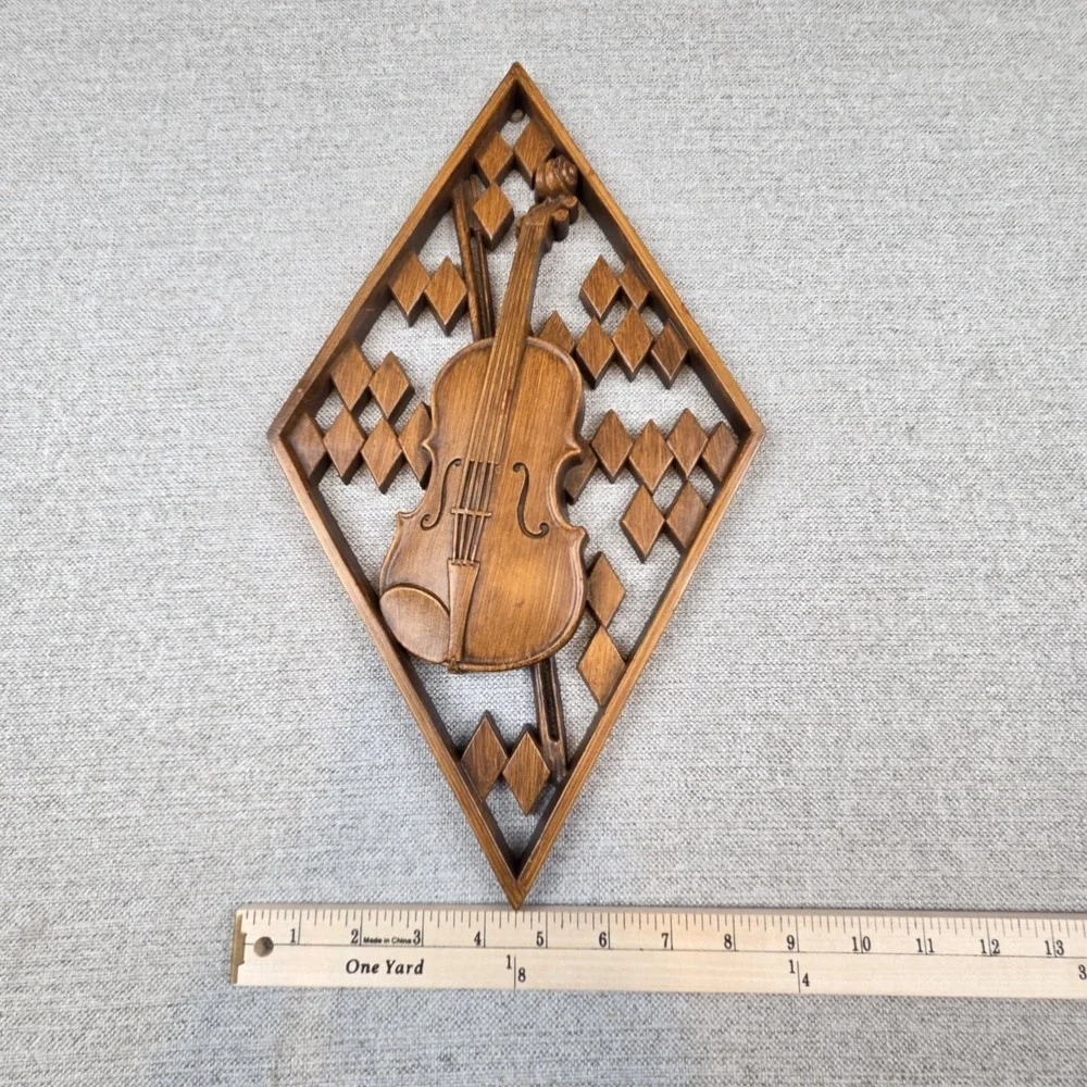 Vintage Set Of 1960s Mid Century Folk Art Musical Wall Plaques Of Violin & Banjo